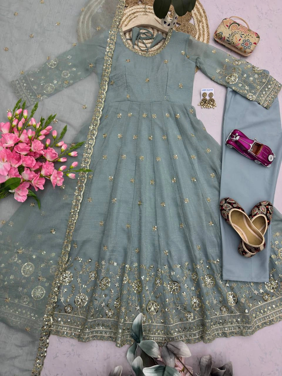 Grayish Blue Sequins Embroidered Suit Front View – Crunchy Silk Blend | Kalyanja KU309